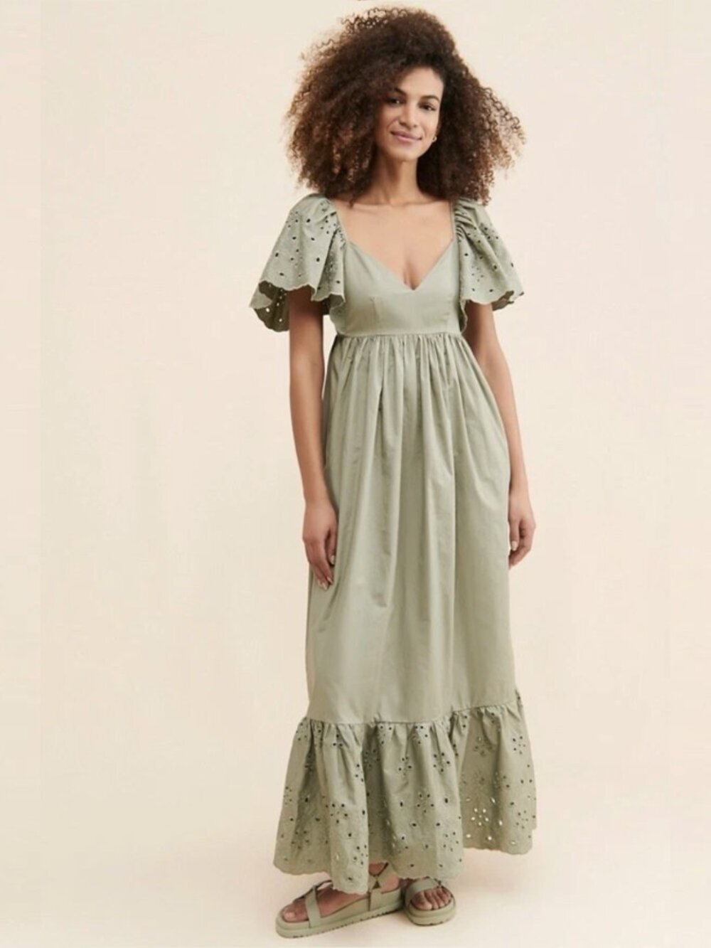 En Saison Anthropologie Eyelet Flutter Sleeve Cotton VNeck Maxi Dress Pockets XS